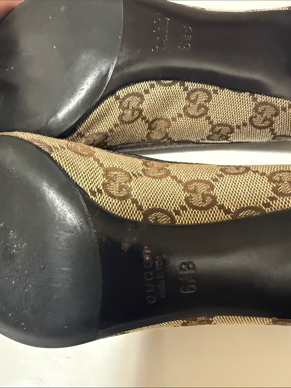 Gucci Monogram Pointed Toe Flats with Gold Buckle with Kitten Heels size 6.5. - Picture 8 of 12